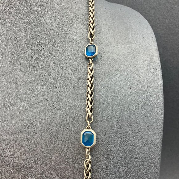 Chicos Long Necklace As Is Silver Chain Teal Blue Faceted Bezel Bead Retro BoHo - Picture 6 of 12